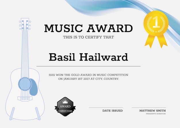 Vector music award certificate template vector with guitar illustration minimal design