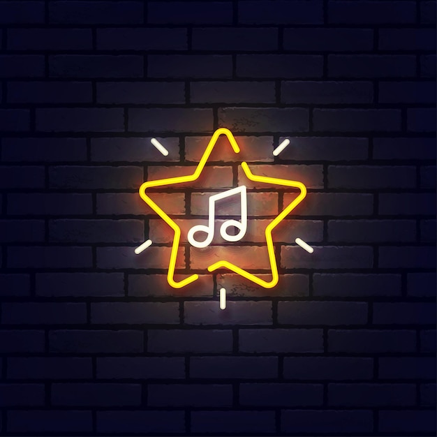 Insegna al neon del premio musicale, insegna luminosa, striscione luminoso. logo della stella della musica al neon, emblema. illustrazione vettoriale