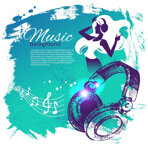 Music background with hand drawn illustration and dance girl silhouette. splash blob retro design