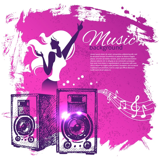 Music background with hand drawn illustration and dance girl silhouette. splash blob retro design