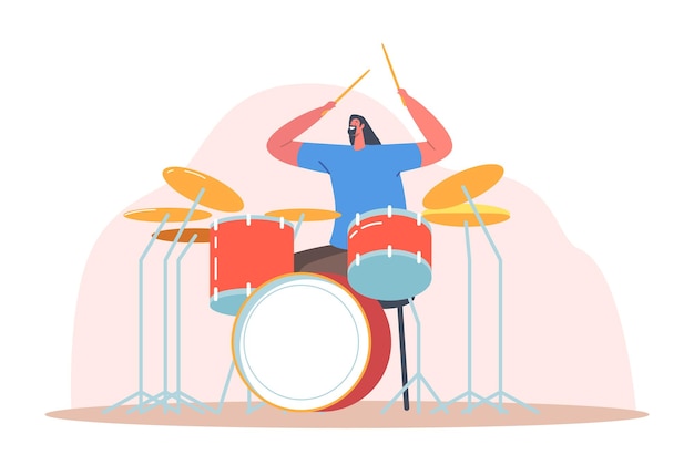 Music band entertainment show. excited drummer playing hard rock music with sticks on drums. talented musician character performing on stage with percussion instrument. cartoon vector illustration