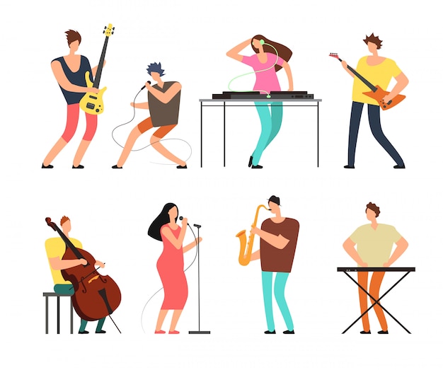 Vector music band musicians with musical instruments playing music on stage vector set isolated