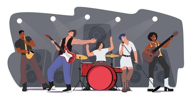 Vector music band performing rock concert on scene. artists characters with musical instruments, girl singing song, guitar and sax player accompany. talent show on stage. cartoon people vector illustration