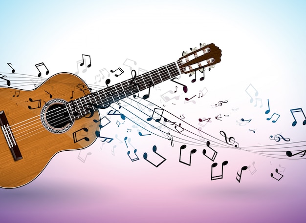 Vector music banner with acoustic guitar and falling notes on clean background.