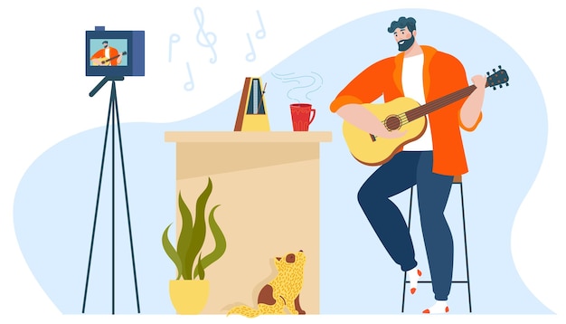 Музыкальный блог векторная иллюстрация мультяшный плоский творческий музыкальный блоггер мужчина играет на гитаре