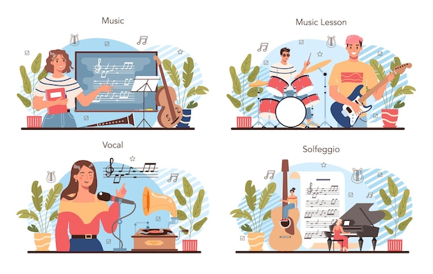 Vettore club di musica o set di classe. gli studenti imparano a suonare la musica. giovane musicista che suona strumenti musicali. lezione di canto e salfeggio. illustrazione vettoriale piatta