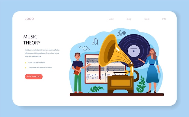 音楽クラブまたは学校のwebバナーまたはランディングページ。学生は音楽を演奏することを学びます。楽器を演奏する若いミュージシャン。音楽理論とソルフェージュクラス。フラットベクトルイラスト