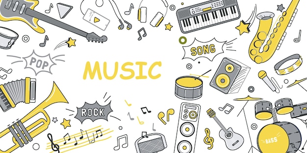 Vettore concetto di musica per il design di banner con motivo a forma di doodle di linea piatta trama di disegno a mano con sassofono tamburo tasti microfono cuffie pianoforte note chitarra e fisarmonica illustrazione vettoriale per il web