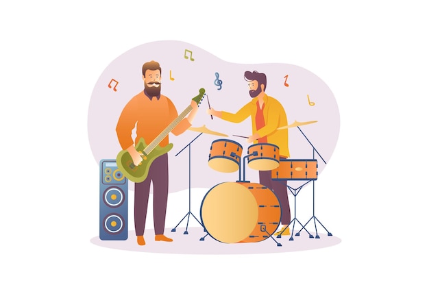 Music concept with people scene in the flat cartoon design Two friends play guitar and drums