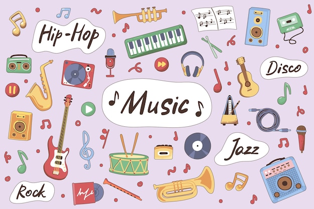 Music cute stickers set in flat cartoon design Collection of jazz hip hop rock disco guitar drums trumpet saxophone piano and other Vector illustration for planner or organizer template