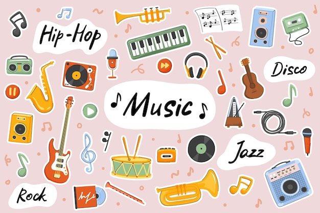 Music cute stickers template scrapbooking elements set