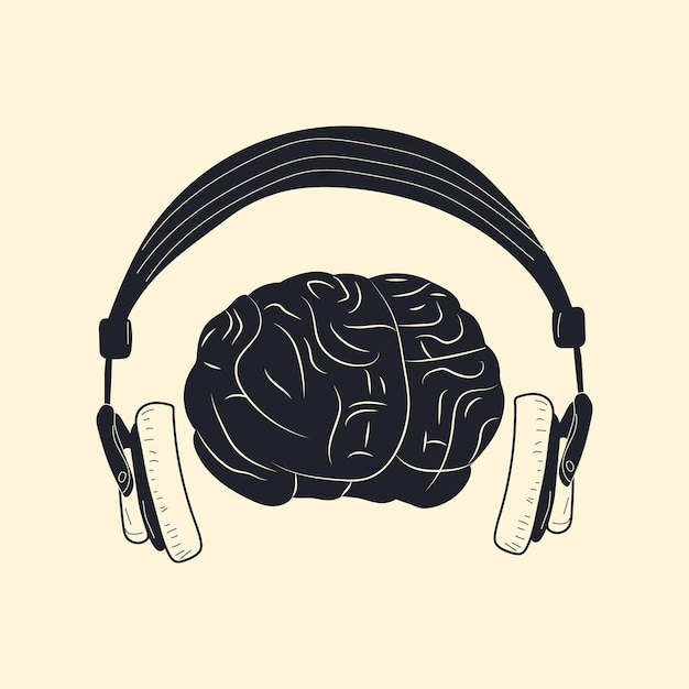 Music design. Listening to music. Headphones with human brain vector illustration