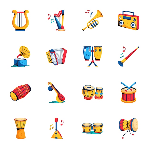 Vector music devices and folk instruments flat icons