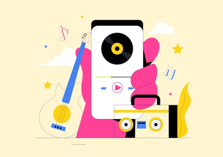 Vector music entertainment vector illustration featuring people playing various musical instruments with musicians performing live on stage in a background