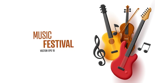 Music festival 3d composition of guitar violin and bass with clef and notes colorful poster element