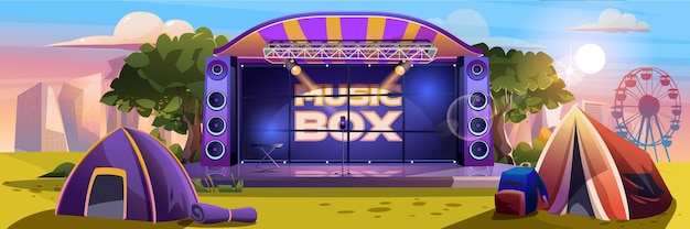 Vector music festival background banner in flat cartoon design open air performance summer poster show stage with speakers tents for audience at campground area cityscape backdrop vector illustration