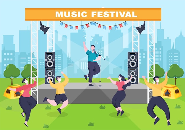 Музыкальный фестиваль фон векторные иллюстрации с музыкальными инструментами и живое пение для плаката, баннера или шаблона брошюры