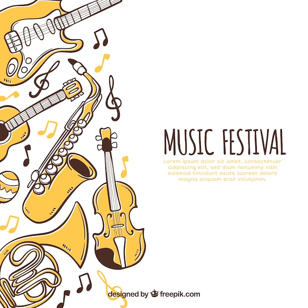 Music festival background with instruments in hand drawn style