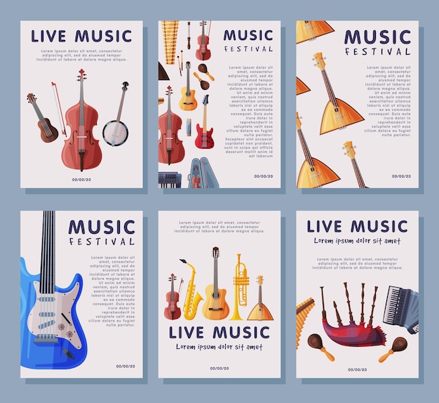 Music Festival Banner Tempates Set Advertisement Poster Brochure Flyer Invitation Card with Musical Instruments Vector Illustration