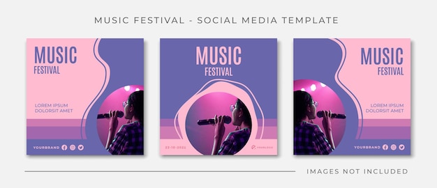 Modello di post sui social media dell'onda viola del cerchio del festival musicale, vettore modificabile del banner dei social media