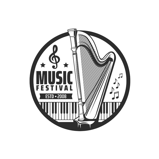 Vector music festival icon for concert or symphonic orchestra or philharmonic musical vector emblem music festival sign with piano harp and music notes classic and folk band musicians performance