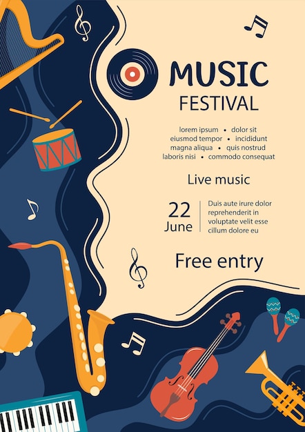 Music festival invitation Musical flyer poster template Musical instruments and vinyl record