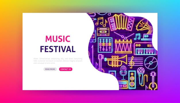 Pagina di destinazione al neon del festival musicale. illustrazione vettoriale di promozione del suono.