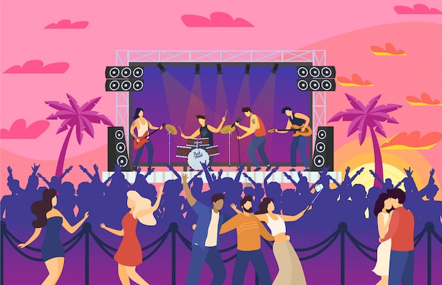 music festival people dancing at concert entertainment and having fun performance, rock fest, crowd celebrating  illustration.