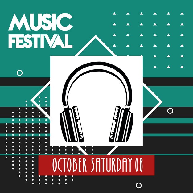 Vector music festival poster with headphone audio device.