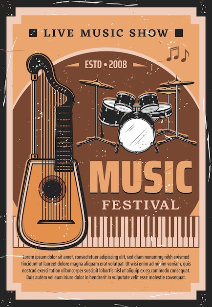 Vector music festival poster with musical instruments