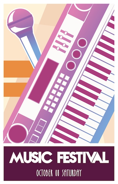 Music festival poster with piano instrument and microphone.