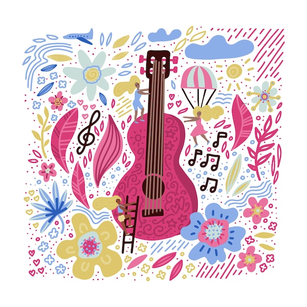 Music festival vector illustration guitar with floral flowers
art small waman near huge guita hand drawn banner poster postcard
or tshirt print