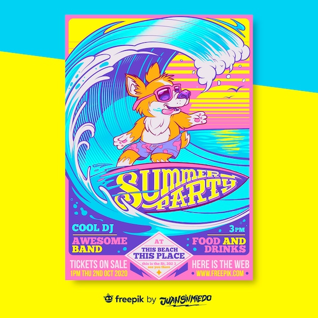 Music festival vertical poster template with surfing fox