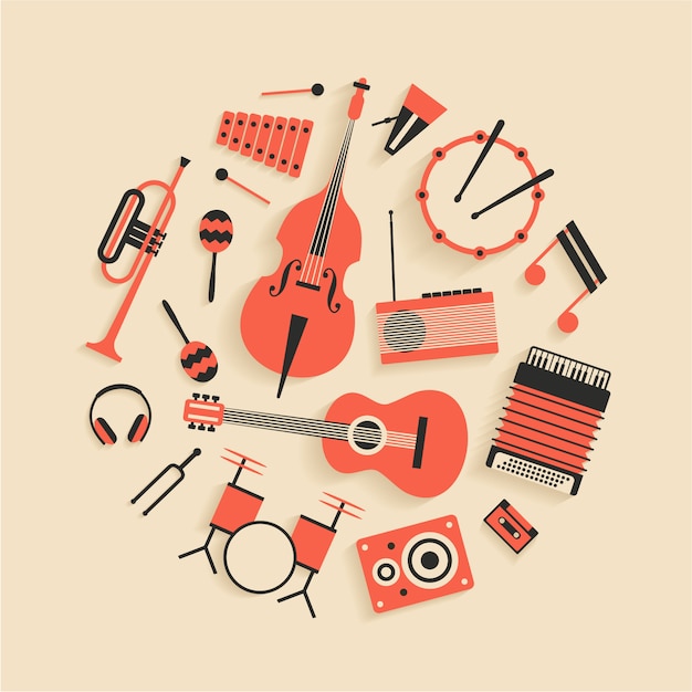 Music,   flat illustration of musical instruments, icon set