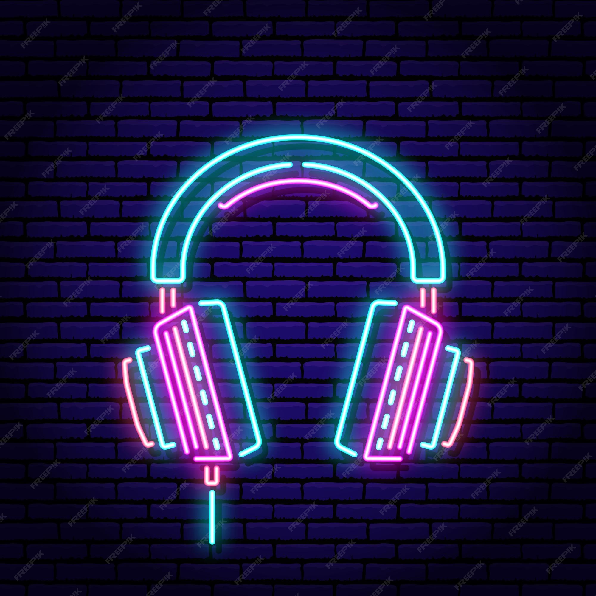 Premium Vector | Music headphones. neon sign on a brick wall ...