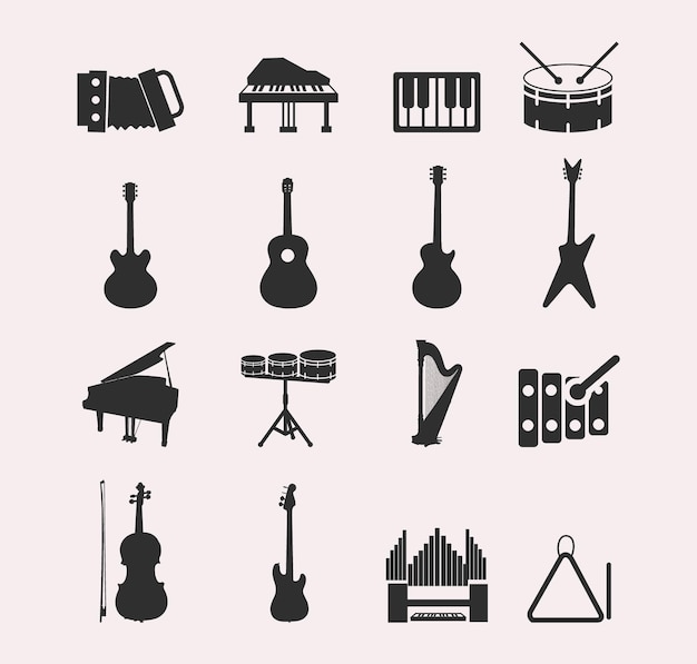 Vector music icon collection - vector silhouette illustration. silhouettes of musical instruments.