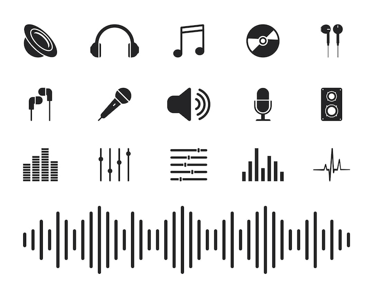 Vector 音楽アイコンセットオーディオアイコンマイクヘッドフォンスピーカーイコライザーなど