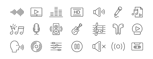 Music icon set Content music icons Guitar play music note sound headphones mic Vector