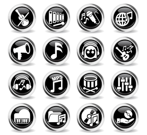 Vector music icons on round black buttons with metal ring