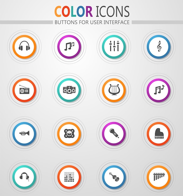 Music icons on round white buttons with color strokes