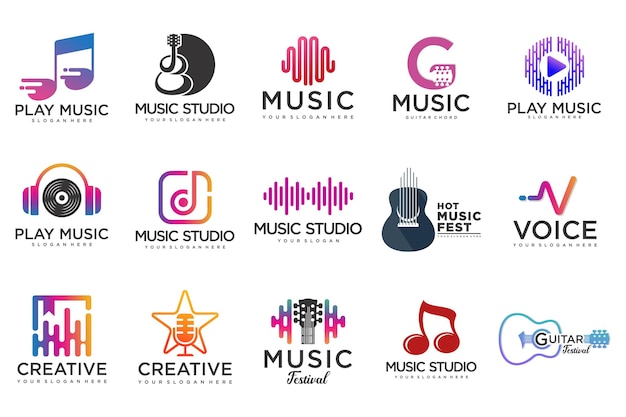 Vettore set di icone musicaliloghi vettoriali con note musicali e festival di musica wave audioillustrazione vettoriale