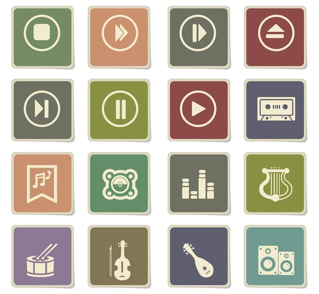 Music icons on square paper stickers with shadow