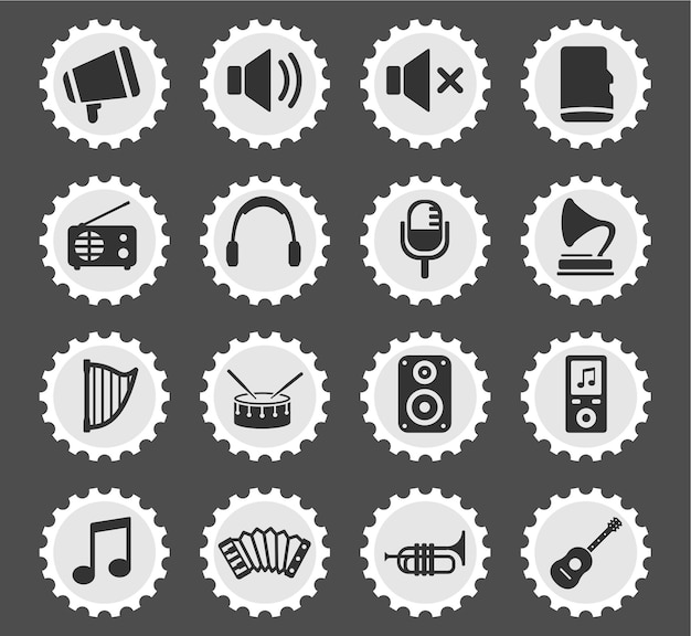 Vector music icons on stylized round postage stamps