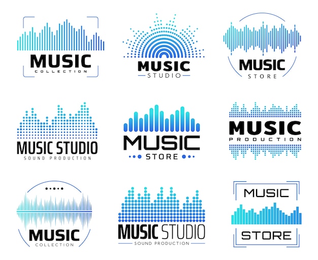 Music icons with equalizers,   symbols with audio or radio waves or sound frequency lines.