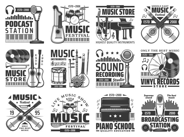 Vector music icons with instruments microphones vinyls