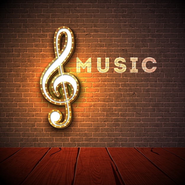 Music illustration with violin key lighting signboard on brick wall background.