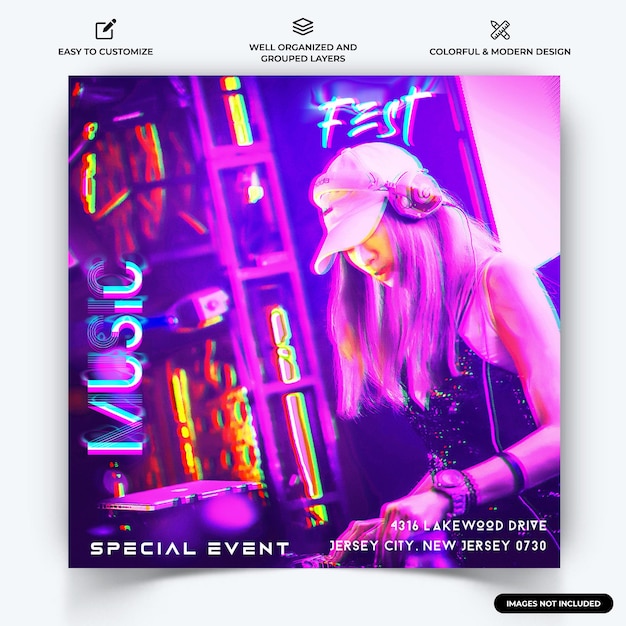 Vettore di modello di banner web post di musica instagram vettore premium