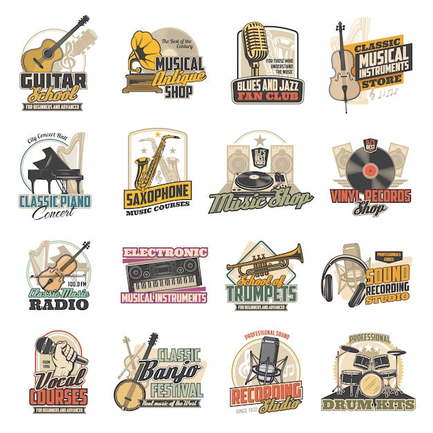 Vector music instrument, vinyl record, microphone icons