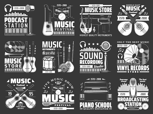 Music instrument vinyl record microphone icons