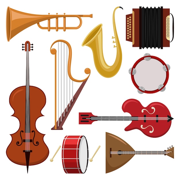 Vector music instruments cartoon set isolated.